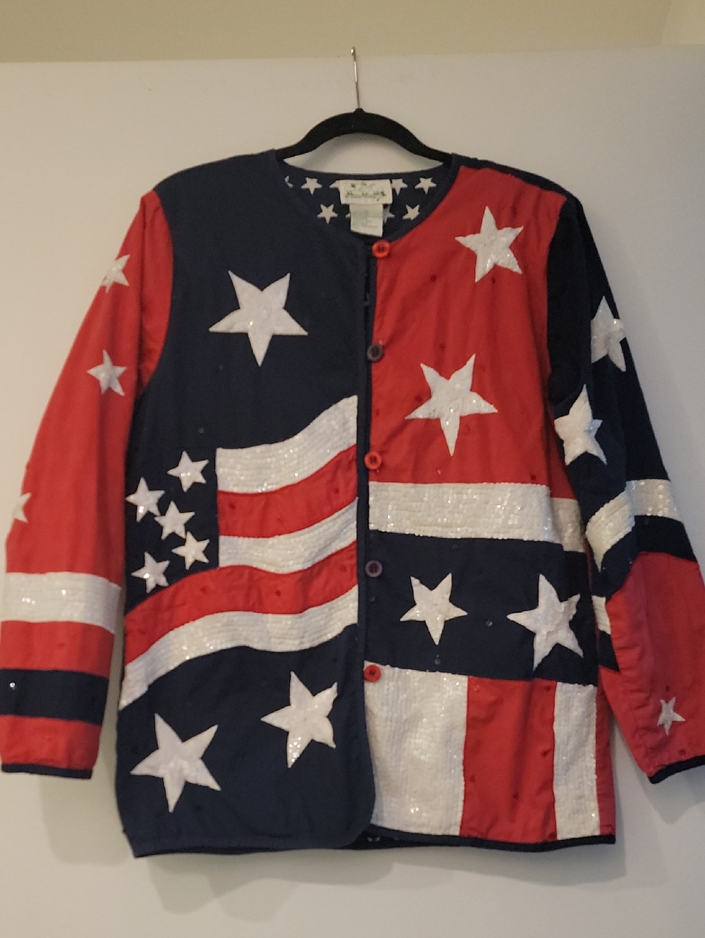 🇺🇸Vintage Quacker Factory Patriotic Quilted Jacket USA Flag Sequin Stars Stripes